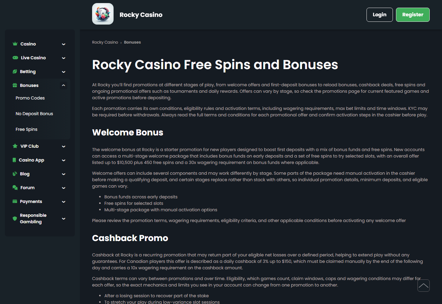 Rocky Casino bonuses page with the Promo Codes, No Deposit Bonus and Free Spins submenu open