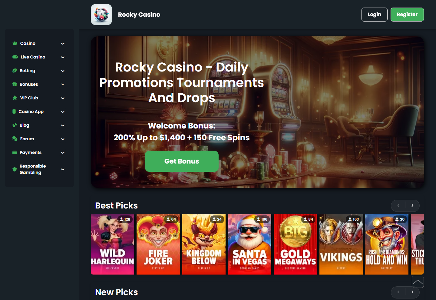 Rocky Casino homepage on 25 August 2026, showing the welcome bonus banner and the game lobby
