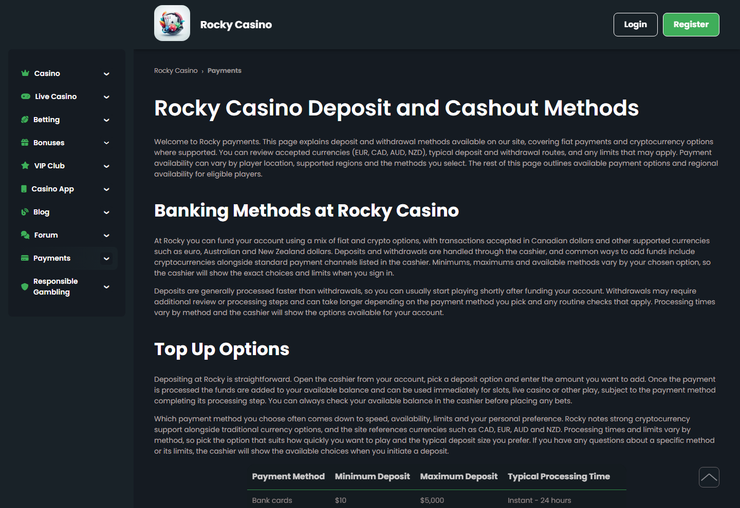 Rocky Casino payments page listing deposit and withdrawal methods and limits