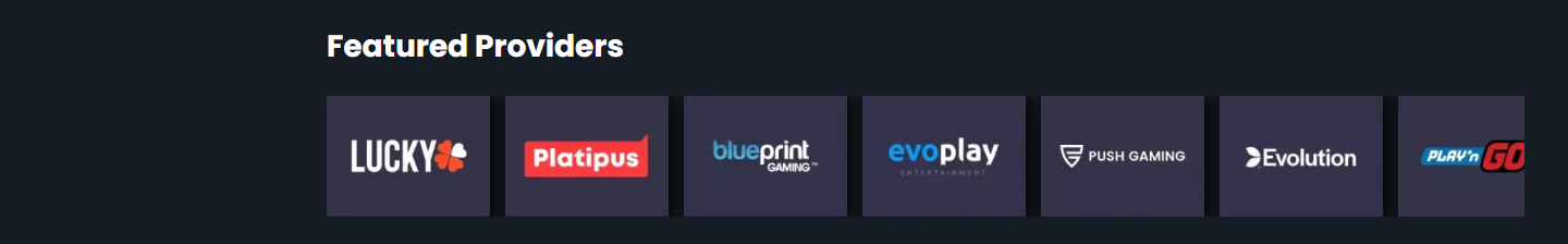 The Featured Providers strip on rocky.casino: a row of studio logos with no text beneath the heading
