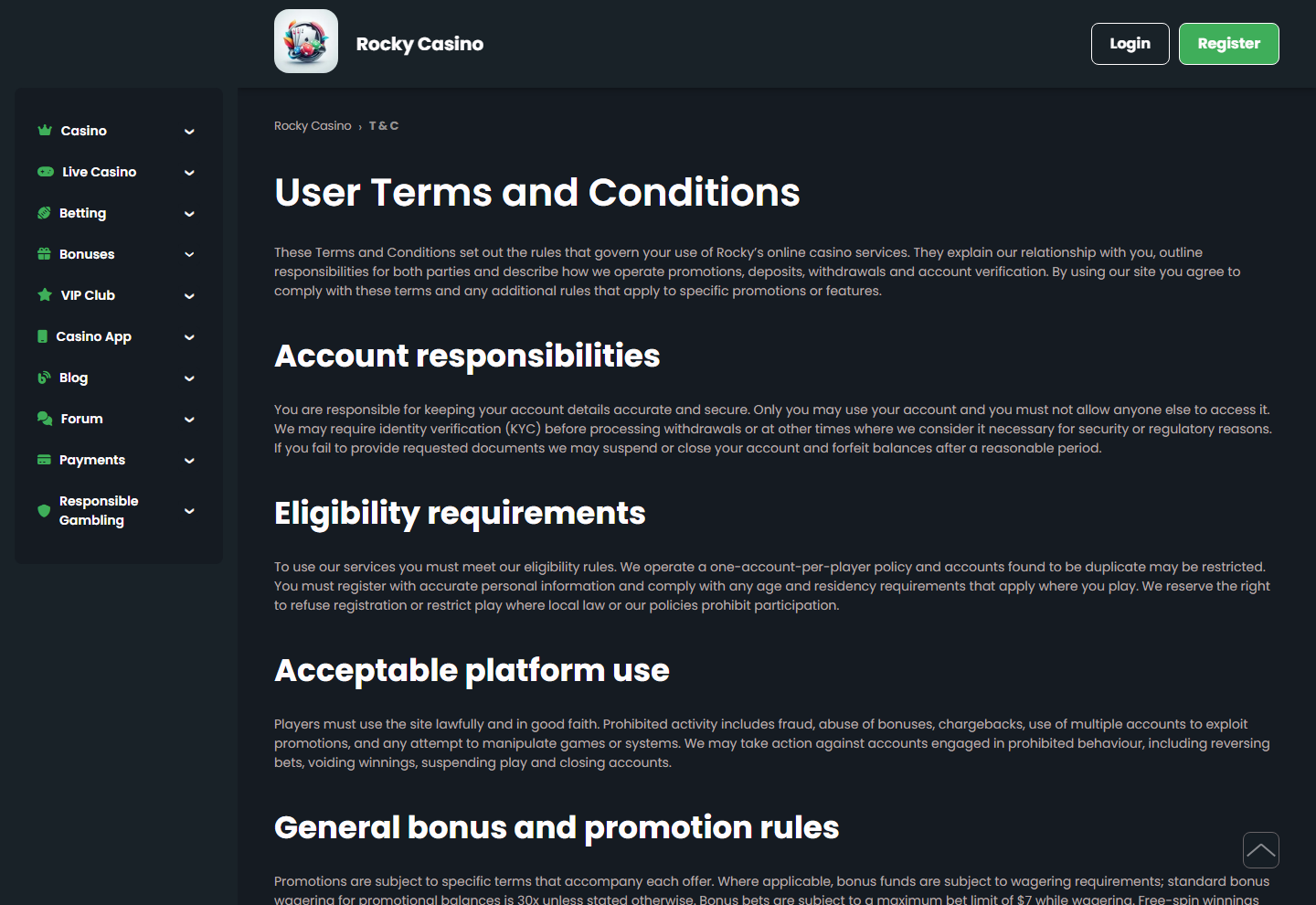 Rocky Casino terms and conditions page showing the bonus and withdrawal clauses